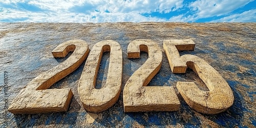 Stone-carved '2025' numbers in a desert-like setting under a clear blue sky, symbolizing endurance and timelessness as themes for the new year. photo