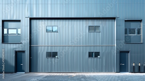 A modern industrial building facade with metallic cladding and symmetrical windows and doors.