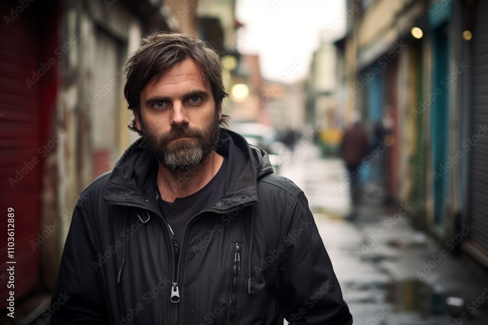 Portrait of a handsome mature man with a beard and mustache, wearing a black leather jacket, looking at the camera in an urban context Portrait of a handsome mature man with a beard and mustache, wearing a black leather jacket, looking at the camera in an urban context
