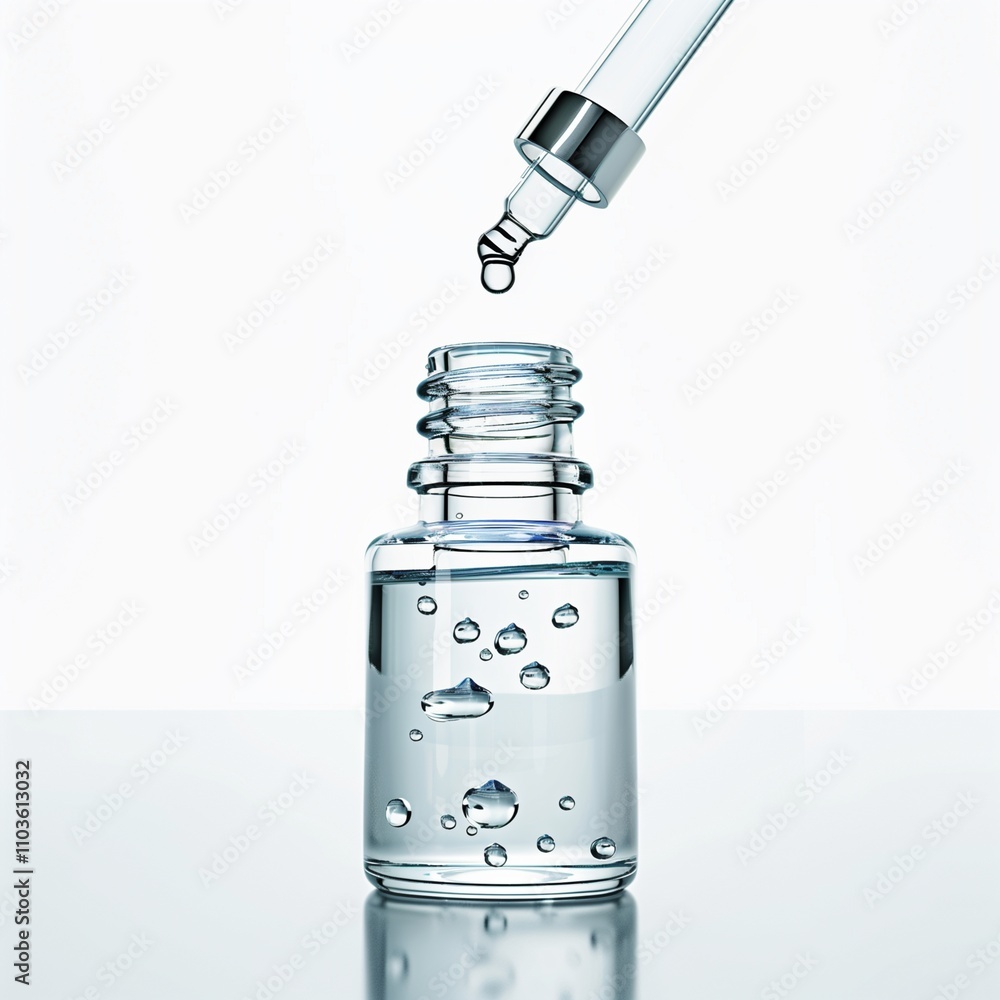Clear glass bottle with essential oil and dropper with oil drops caught in mid air emphasizing the clarity and purity of the product. Clear glass bottle with essential oil and dropper with oil drops caught in mid air emphasizing the clarity and purity of the product.