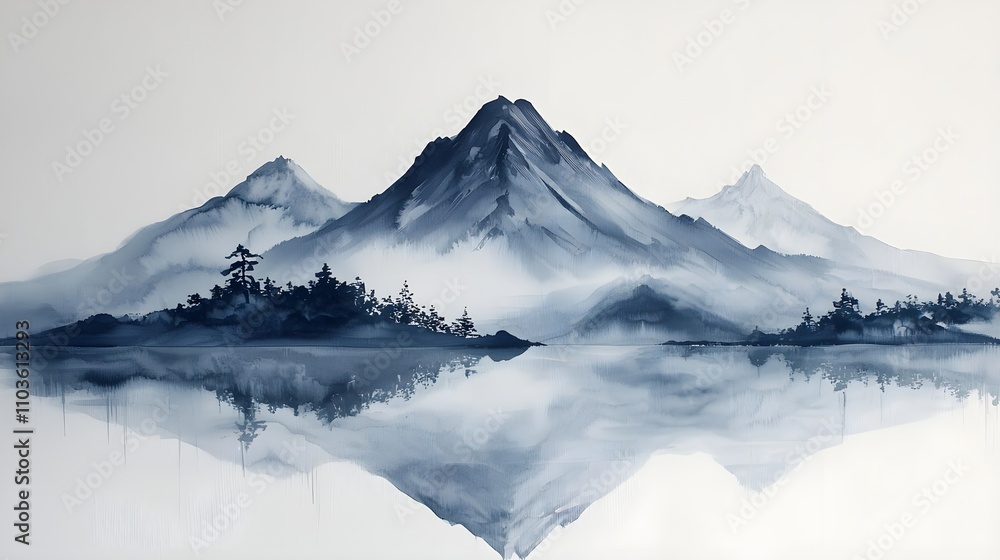 Elegant Japanese Sumi Art Depicting Serene Mountains and Reflections in Single Stroke Technique Elegant Japanese Sumi Art Depicting Serene Mountains and Reflections in Single Stroke Technique