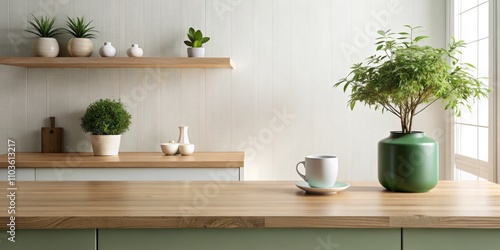 Minimal Cozy Counter Mockup Design for Product Presentation in Japanese Style Featuring Wood Top Green Counter, Warm White Wall, Vase, Plant, and Ceramic Mug in Kitchen Interior