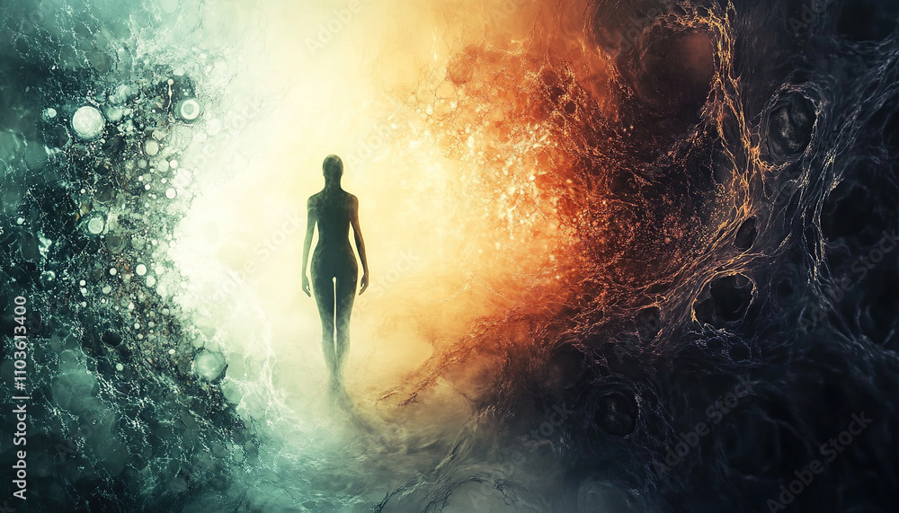 Human figure between contrasting worlds of light and shadow Human figure between contrasting worlds of light and shadow