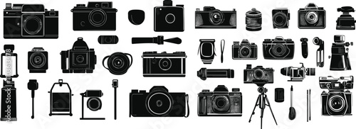 Silhouettes of a Camera in Black and White, Camera Silhouettes Against a Dark Background photo