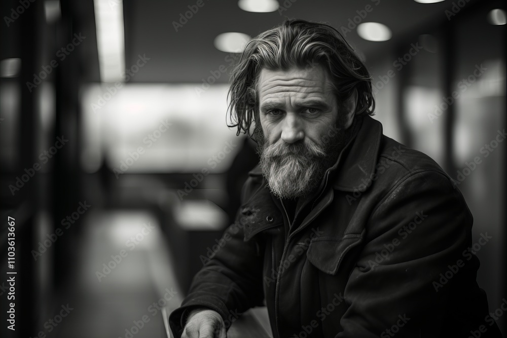 Portrait of a handsome man with a long beard and mustache in a black leather jacket Portrait of a handsome man with a long beard and mustache in a black leather jacket