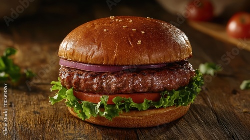 Close-up home made beef burger on wooden table
