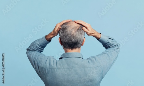 Man touching his balding head against a blue background