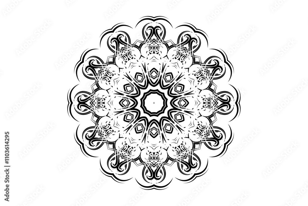 Monochrome Mandala Design with Star Core and Radiating Geometric Shapes
Monochrome Mandala Design with Star Core and Radiating Geometric Shapes