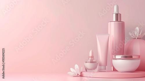 Mock up photo of  skincare products in  soft pink  packaging  label with no label  with soft pink background. Mock up skincare pink packaging .Cosmetic mock up photo. photo