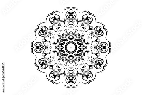 Monochrome Mandala Design with Star Core and Radiating Geometric Shapes
