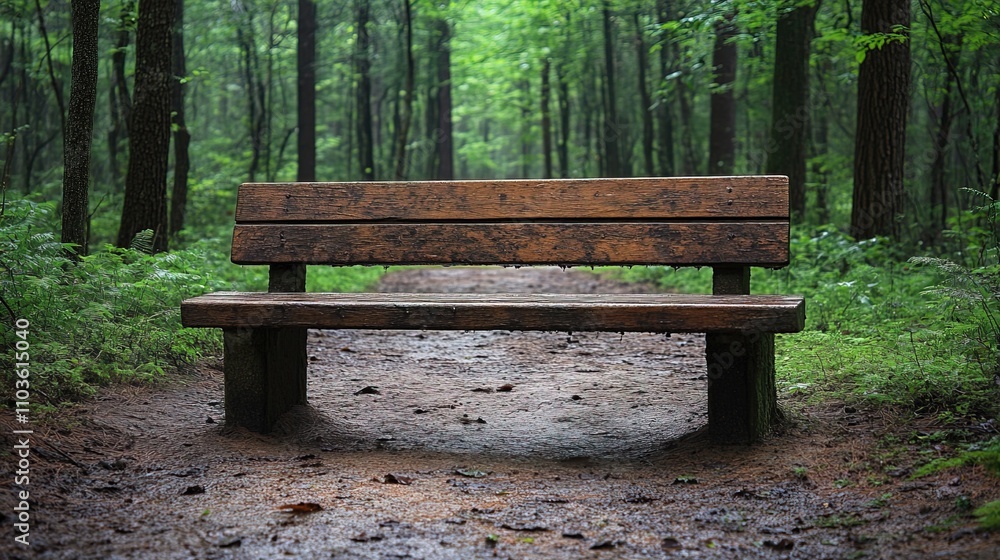 Empty wooden bench along a forest path Empty wooden bench along a forest path