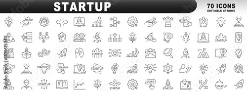 Big set of startup related line icons. Launch, rocket, project, development etc. Editable stroke