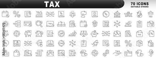 Big set of tax related line icons. Payment, report, fee, percent etc. Editable stroke