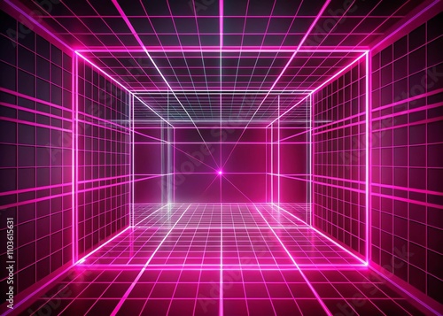 Futuristic Pink Wireframe Room with Digital Grid and Empty Perspective in Cyberspace - Virtual Reality Mesh Cube Illustration