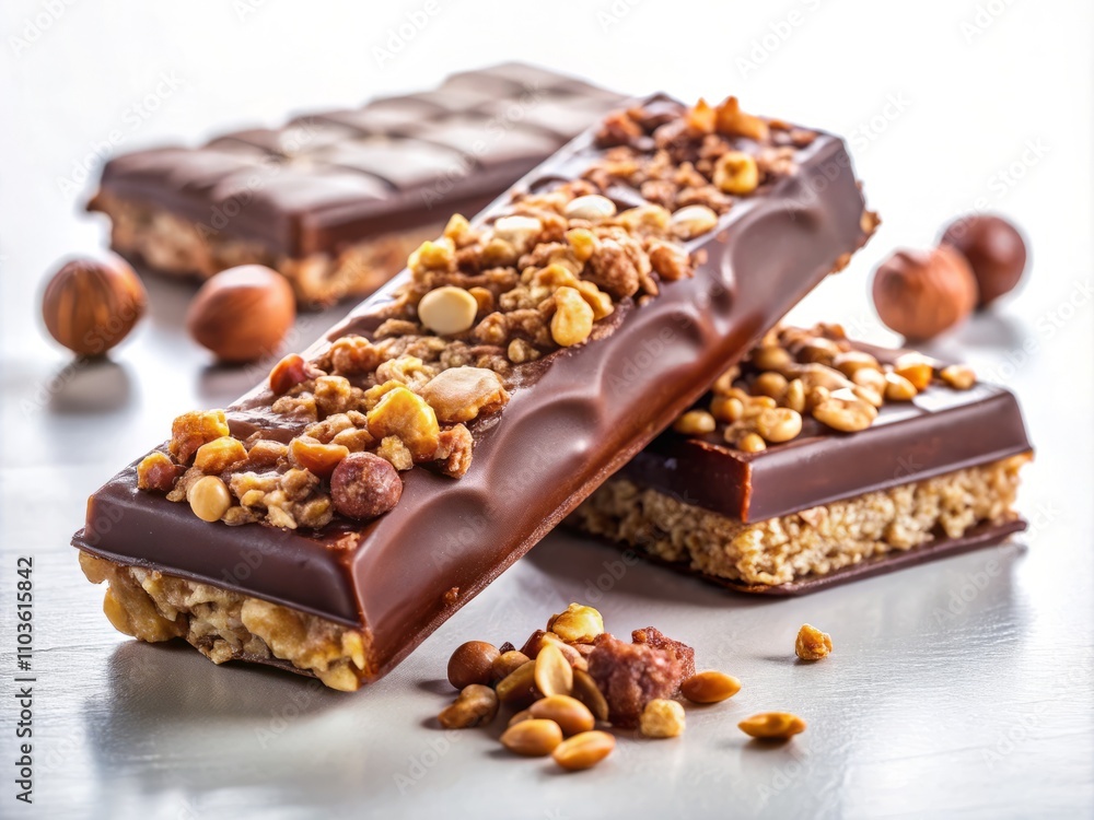 Open Chocolate or Cereal Bar on White Background Captured in Low Light Photography, Highlighting Rich Textures and Details for Food Lovers and Culinary Enthusiasts Open Chocolate or Cereal Bar on White Background Captured in Low Light Photography, Highlighting Rich Textures and Details for Food Lovers and Culinary Enthusiasts