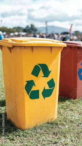 Neatly aligned recycling bins at outdoor music festival, promoting sustainability and environmental awareness