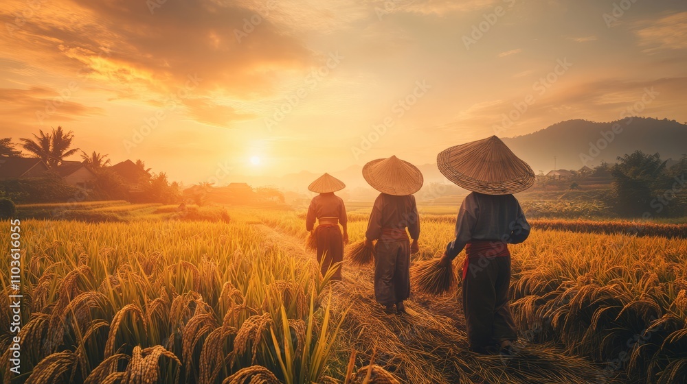 Fototapeta premium The art of harvesting: rice fields at sunrise with farmers in straw hats and vintage clothing