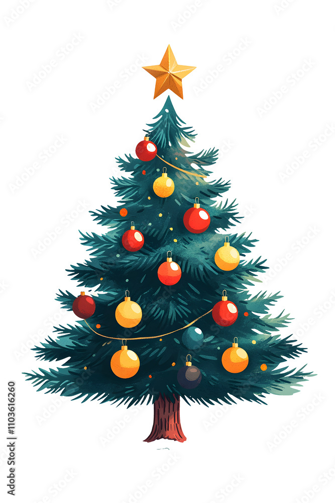 Obraz premium Simple&nbsp;flat cartoon Christmas tree with layered green design, decorated with red, yellow and blue ornaments, golden&nbsp;star, and brown trunk in&nbsp;playful children's book style, on transparent background