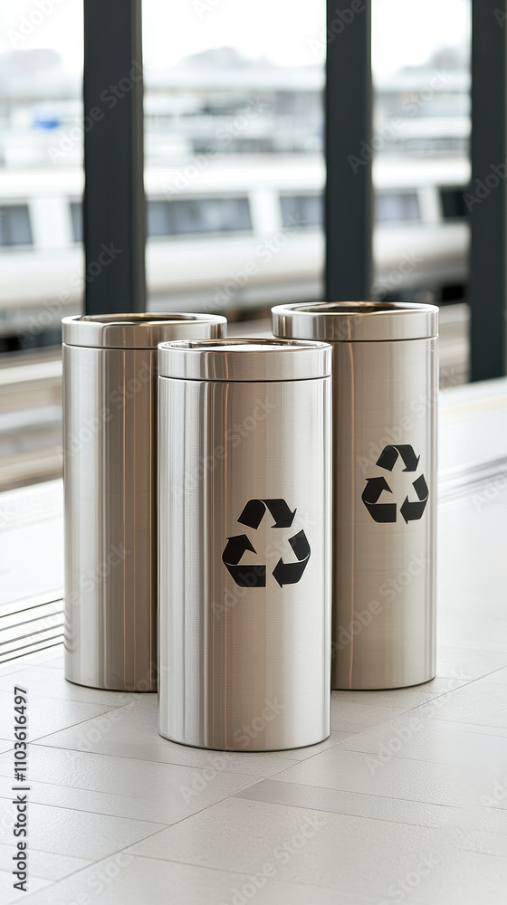 Stainless steel recycling bins in modern setting promote eco friendliness and cleanliness. Their sleek design enhances aesthetic of area while encouraging recycling Stainless steel recycling bins in modern setting promote eco friendliness and cleanliness. Their sleek design enhances aesthetic of area while encouraging recycling