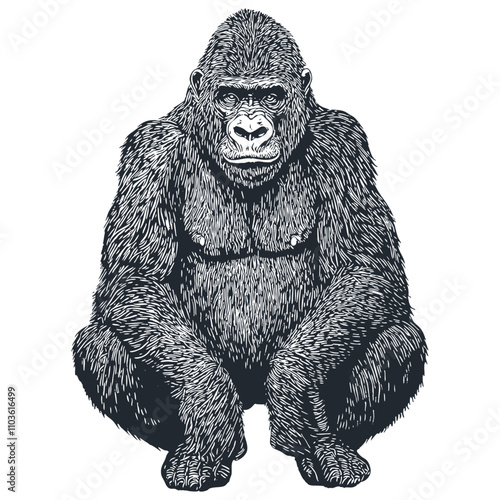 An intricate engraving of a gorilla sitting, vector illustration
