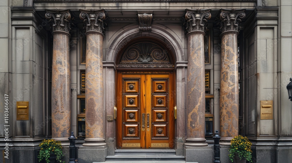 Fototapeta premium Ornate entrance with marble columns and intricate wooden doors.