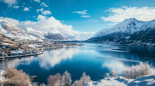 A serene winter landscape featuring snow-capped mountains and a calm lake under a blue sky.