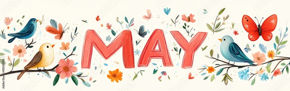 May Spring Banner with Birds and Flowers May Spring Banner with Birds and Flowers