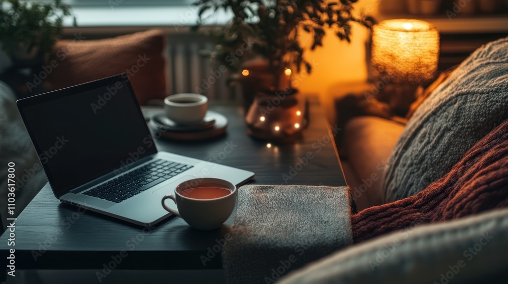 Cozy Evening Atmosphere Laptop and Tea Illustration Cozy Evening Atmosphere Laptop and Tea Illustration