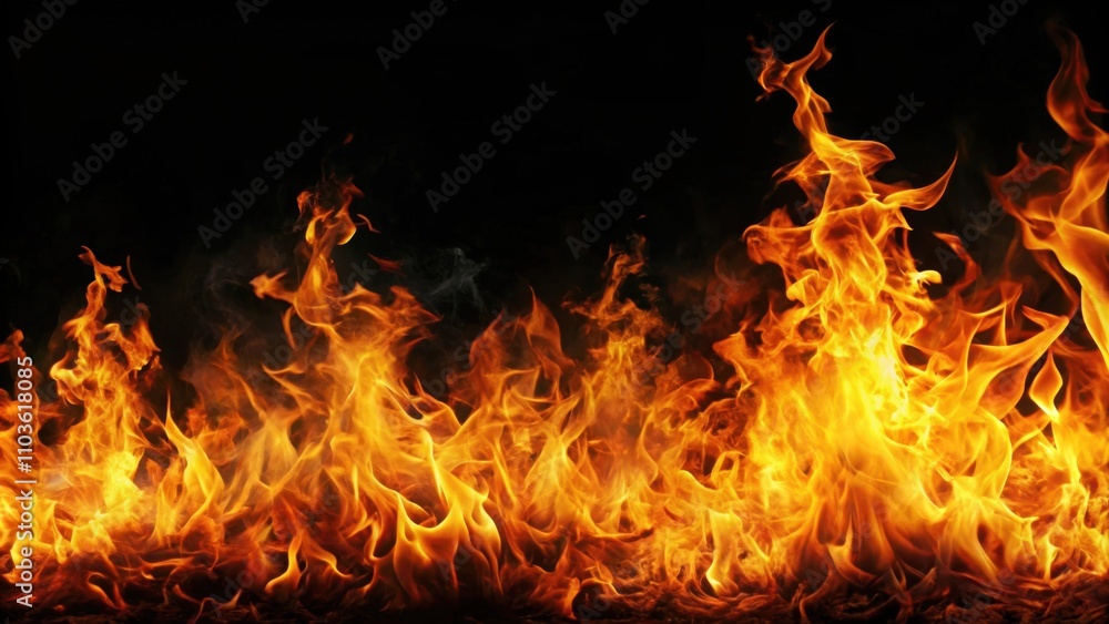 Fire flames blazing on dark black background, inferno, heat, hot, burning, fiery, intense, danger, fuel, combustion Fire flames blazing on dark black background, inferno, heat, hot, burning, fiery, intense, danger, fuel, combustion