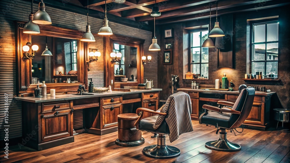 Fototapeta premium Gentleman's Barbershop Interior with Low Light Ambiance Featuring Hipster Grooming Tools, Mirrors, Towels, and a Stylish Atmosphere for Haircuts and Grooming Services