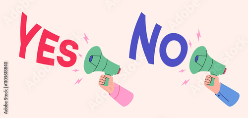 Yes No banner with megaphone human hand cartoon illustration for dilemma, choice hesitate, test question, dispute, opposition, opponent view vector