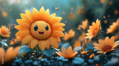 Logo design illustrating a charming sunflower character with a smile, surrounded by colorful petals and playful insects. The cute style and vibrant colors create a cheerful atmosphere, enhanced 