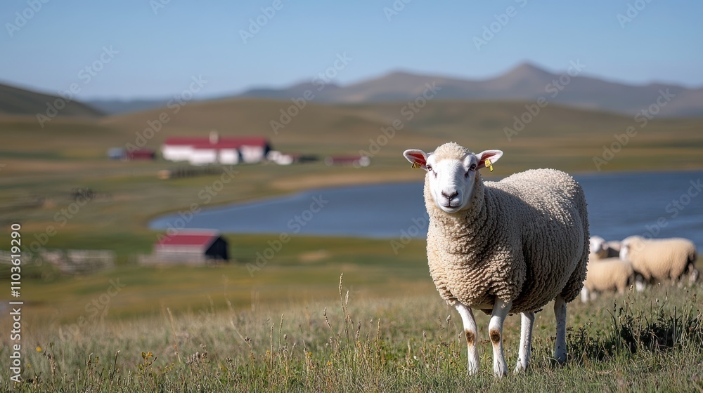 Obraz premium Sheep graze peacefully in sprawling green pastures, reflecting harmony between nature and agriculture.