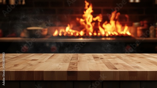 Vibrant flames behind wooden table in cozy kitchen setting photo