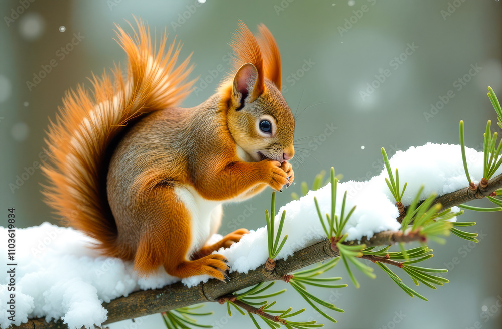 A lush red squirrel sits on a snowy branch and eats a nut on a blurred background of a winter forest. Card with copy space A lush red squirrel sits on a snowy branch and eats a nut on a blurred background of a winter forest. Card with copy space