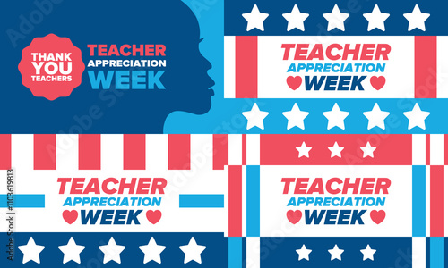 Teacher Appreciation Week in United States. Celebrated annual in May. In honour of teachers who hard work and teach our children. School and education. Student learning concept. Vector illustration