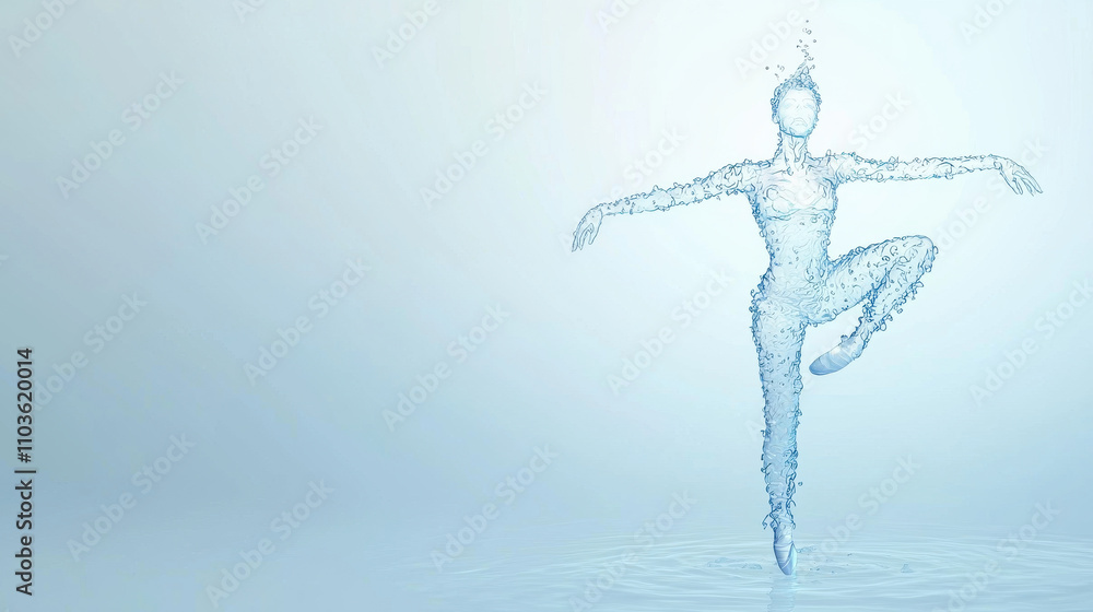 graceful water dancer, woman in ballet pose, formed from splashes of water, embodies elegance and fluidity. serene background enhances beauty of this artistic representation graceful water dancer, woman in ballet pose, formed from splashes of water, embodies elegance and fluidity. serene background enhances beauty of this artistic representation