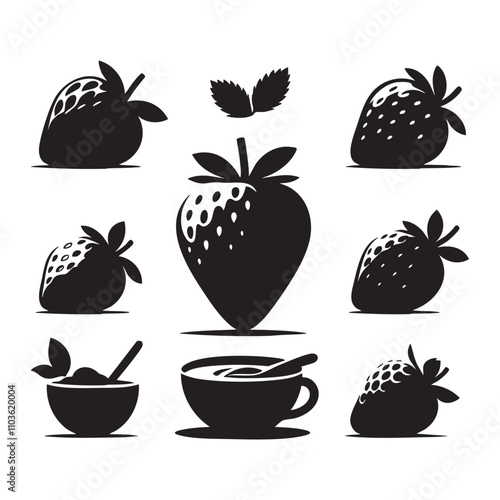Silhouette set of strawberry on white background