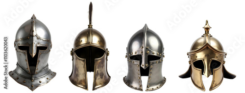 Set of various medieval helmets isolated on transparent background. photo