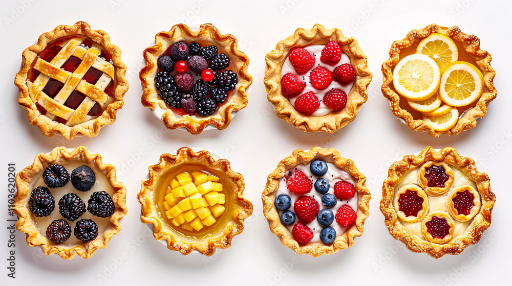 Set of different fruit and berry pies against a white background, top view. Set of different fruit and berry pies against a white background, top view.