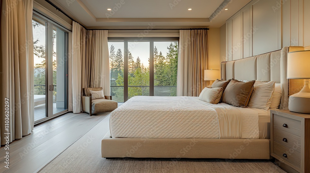 Elegant bedroom with a neutral color palette, large windows, and cozy decor, offering a luxurious and serene atmosphere. Elegant bedroom with a neutral color palette, large windows, and cozy decor, offering a luxurious and serene atmosphere.
