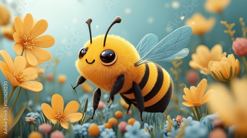 Logo design illustrating a cute bee character with a joyful expression, surrounded by colorful flowers and cheerful honeycombs. The cute style and bright colors evoke a delightful atmosphere, 