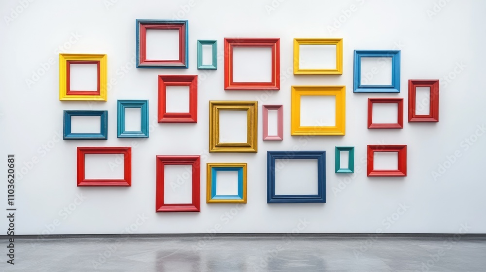 An artistic display of colorful frames on a minimalist white wall, conveying freedom from societal norms An artistic display of colorful frames on a minimalist white wall, conveying freedom from societal norms