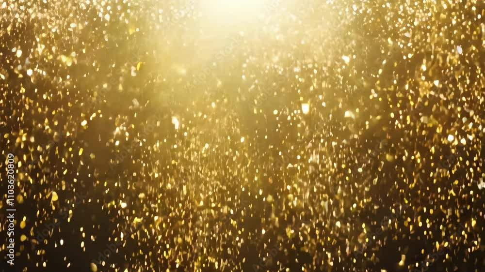 Golden glitter background in slow motion. Beautiful transition with real gold particles flying in wind on black background, shot with depth of field. Gold dust bokeh abstract background Golden glitter background in slow motion. Beautiful transition with real gold particles flying in wind on black background, shot with depth of field. Gold dust bokeh abstract background