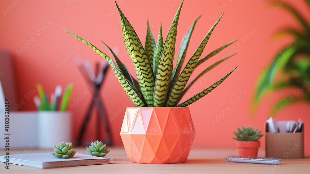 Sansevieria in Geometric Orange Pot on Desk with Coral Background Sansevieria in Geometric Orange Pot on Desk with Coral Background