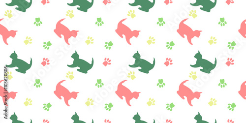 Seamless pattern with icons of kittens and paw prints on a white background. Vector graphics