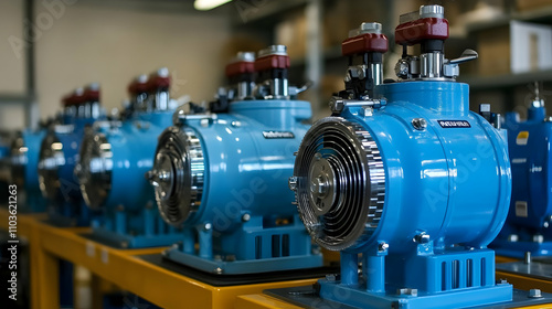 Industrial Machinery, Row of Blue Rotary Vacuum Pumps in a Factory Setting