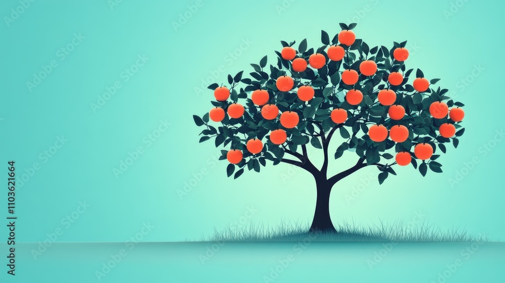 Fototapeta premium Artistic minimalist tree: stylized apple tree with vibrant, geometric fruits against a flat, calming blue background.