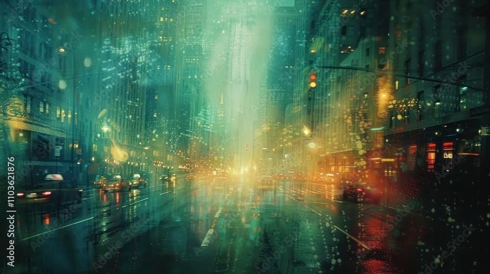 A vibrant, abstract cityscape with reflections and lights, evoking a rainy urban atmosphere. A vibrant, abstract cityscape with reflections and lights, evoking a rainy urban atmosphere.
