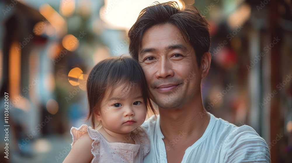 Father and child smiling gently in a city environment during daytime Father and child smiling gently in a city environment during daytime
